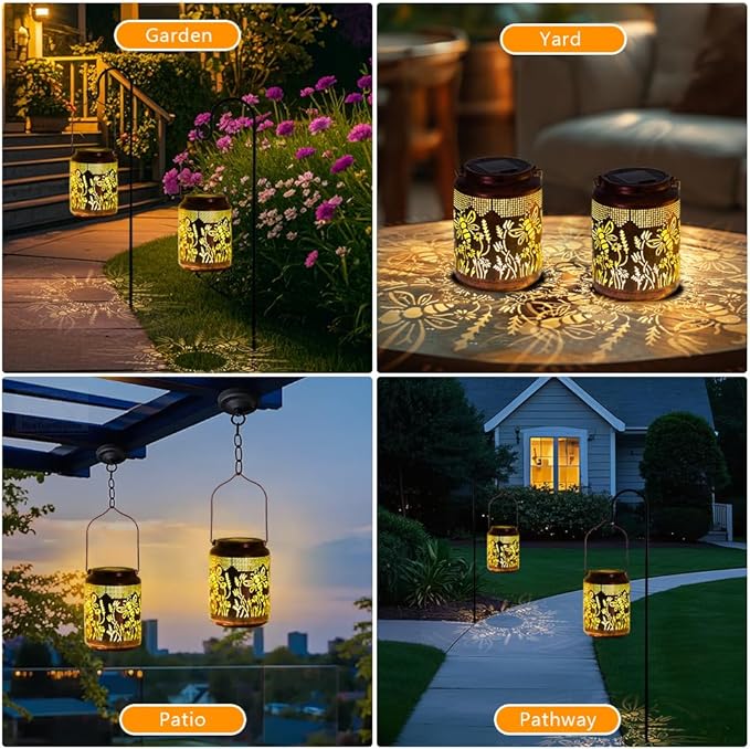 2 Pack Bee Solar Lanterns Outdoor Waterproof Hanging Solar Lights LED 6.9" Metal Flower Bee Decorative Lantern for Patio,Yard,Porch,Table,Garden Birthday Gifts for Women Mom Grandma