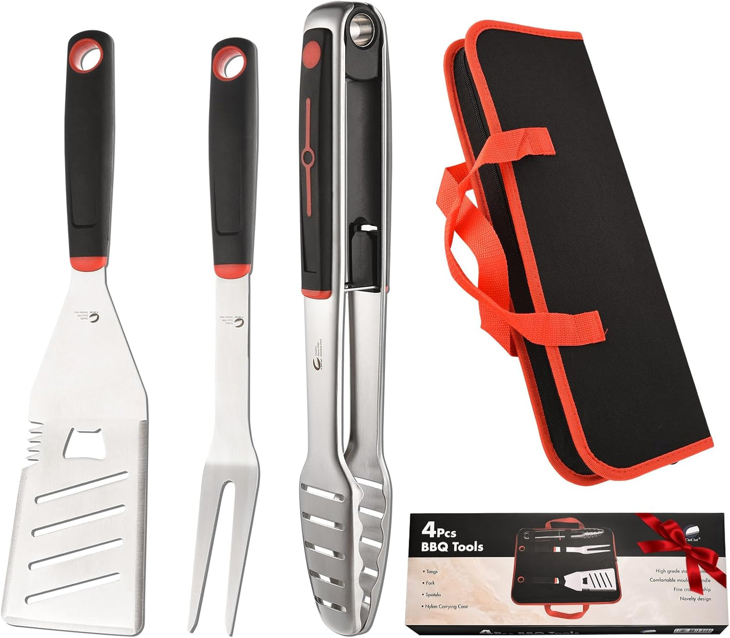 BBQ Tools Set, Heavy Duty Stainless Steel Spatula, Fork & Tongs with Portable Bag, Essential Accessories for Barbecue Outdoor Grill, Grilling Gifts for Men Dad Camp Chef