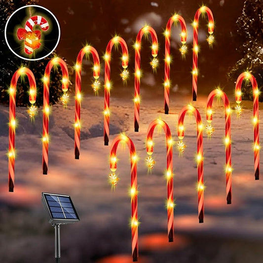 12 Pack Christmas Candy Cane Lights Outdoor Solar Pathway Lights Christmas Decorations Waterproof Driveway Walkway Markers Yard Garden Home Xmas Decor, 2-in-1 Rechargeable Solar Power