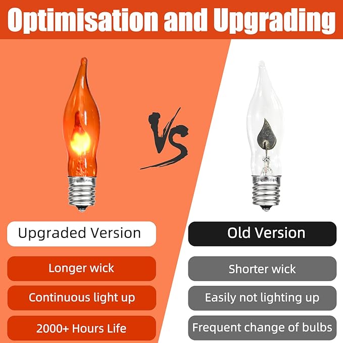 Halloween Lights Flickering Flame String Lights with 12 Pack C7 Orange Flame Light Bulbs (2 Spare), 12.8Ft Orange Flame String Lights for Indoor Outdoor Home Party Yard Halloween Decorations