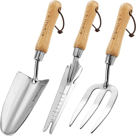 Berry&Bird Gardening Hand Tool Set - 3PCS Stainless Steel Garden Tool Kit Multifunctional Tool with Wooden Handle Trowel, Fork & Weeder for Weeding Planting Transplant, Ideal Garden Gift for Women&Men