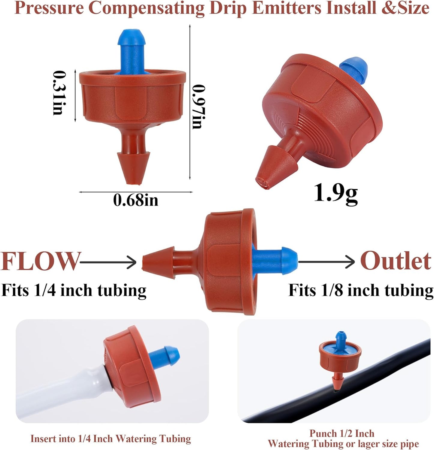 30Pcs 0.5 GPH Pressure Compensating Irrigation Spot Drippers,Constant Flow Barb Outlet Watering Dripper Emitters Heads Parts for 1/4 Inch Watering Tubing Line for Garden Pots Plant Irrigation Systems