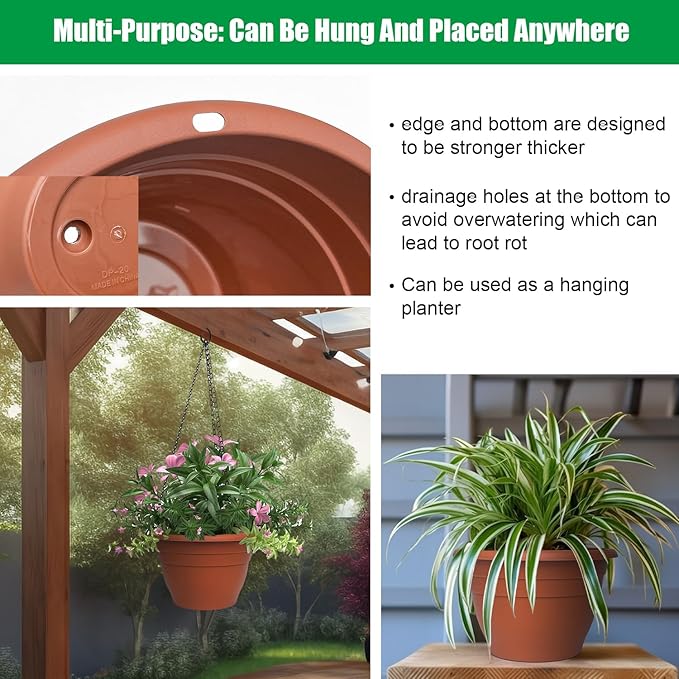 5 Packs Plant Pots, 10 Inch Planters Perfect for Indoor Outdoor Plants, Round Thickened Flower Pots with Drainage Hole, Plastic Garden Plant Planters(Pottery Red)