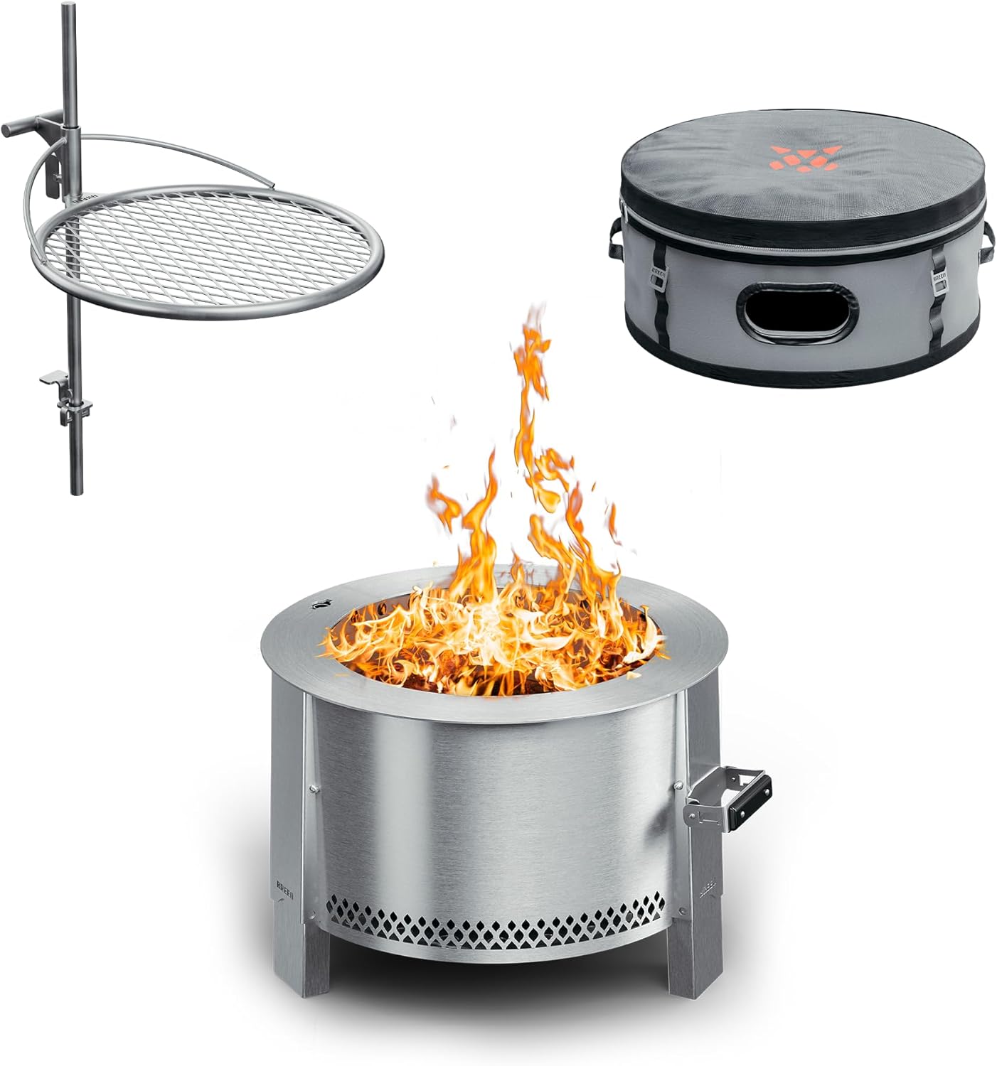 Breeo Smokeless Fire Pit to-Go Bundle (Y Series Stainless Steel, Outpost Grill & to Go Case) | 21 inch Smokeless Firepit for Outside | Ideal for Families