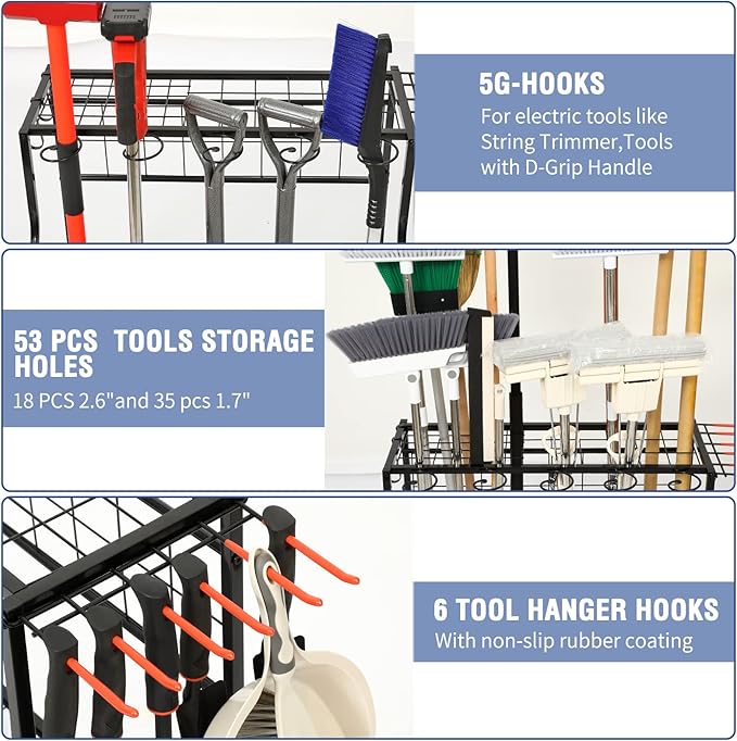 Garden Tool Organizer for Garage, Garden Tool Rack, Up to 58 Long Handled Tools, Yard Tool Holder for Garage, Shed, Outdoor, Tool Stand, Black (Garden Tool Rack)