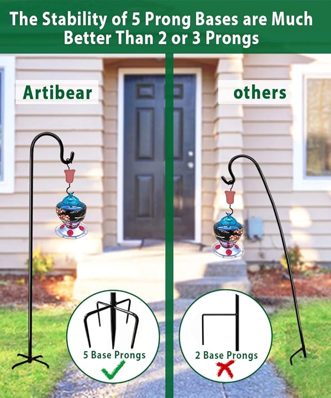 Artibear Adjustable Outdoor Shepherd Hook Stand with 5 Prong Base, 76 Inches Tall 3/5 in Thick, Shiny Black (1 Packs)