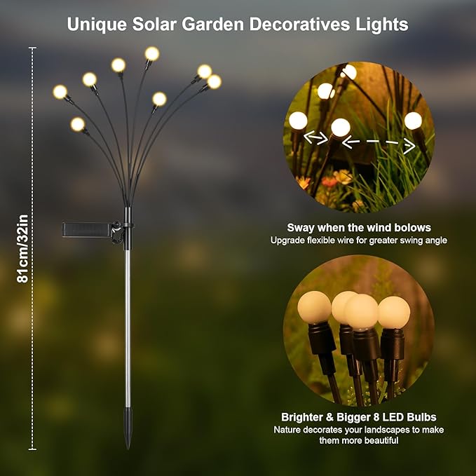 ASMAD Solar Lights Outdoor(6-Pack, 48 LEDs), Solar Garden Lights, Outdoor Decorations, Firefly Light for Patio Decor, Big Bulb, Unique Gifts for Women, Gifts for Grandma