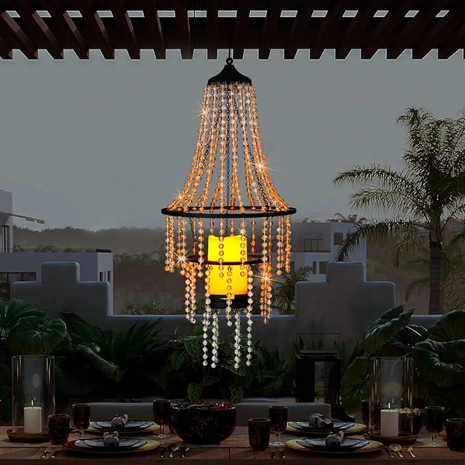 Battery Operated Hanging Chandelier Outdoor Indoor, 28” Modern Acrylic Crystal Hanging Beaded Lantern with Led Candle Light, Pendant Lights Decor for a Gazebo, Garden, Backyard, Patio, Balcony, Porch