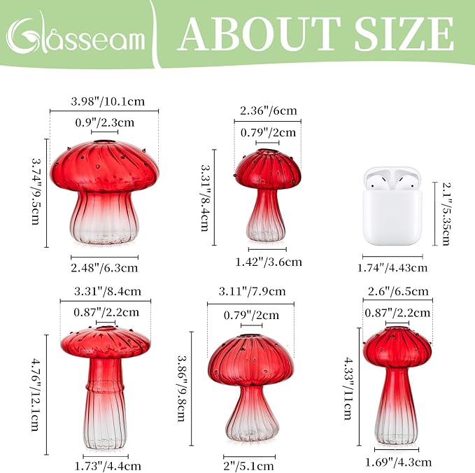 Glasseam Mushroom Plant Propagation Stations: Red Glass Terrarium Jar Set of 5 Cute Planters for Indoor Plants Decorative Propagate Station Unique Christmas Birthday Gifts for Women Home Office Decor