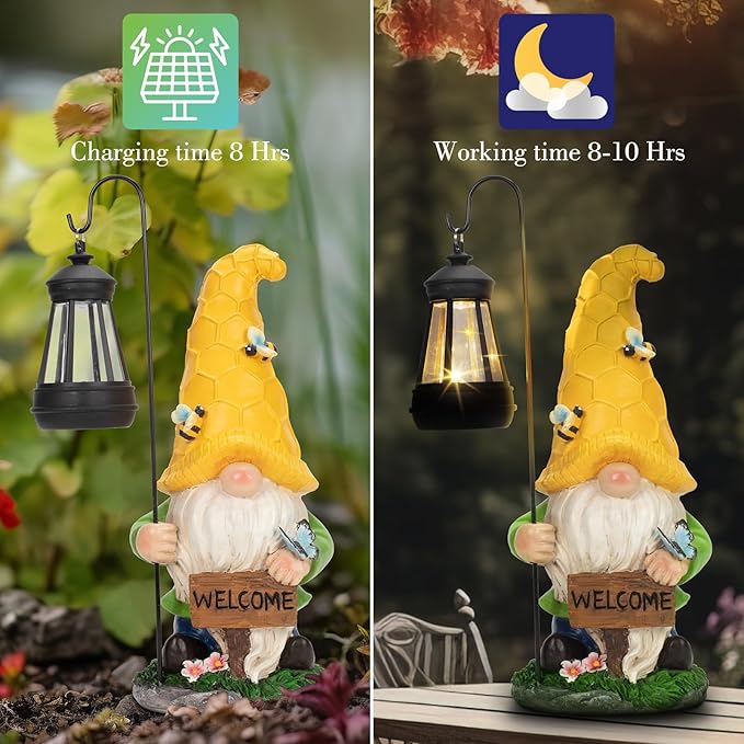 12.6'' Solar Garden Gnomes Outdoor Statues with Lantern, Welcome Gnome Garden Outdoor Decor Gift Waterproof Decoration for Patio, Balcony, Yard Ornament - Unique Housewarming Gifts