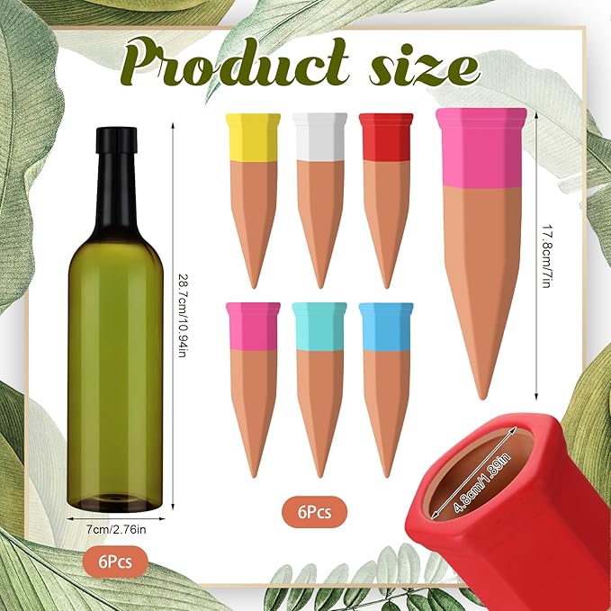 12 Pack Plant Watering Devices Include 6 Terracotta Self Watering Spikes and 6 Pcs 26 oz Plastic Bottles, Slow Release Vacation Insert Automatic Plant Waterer Device (Mixed Colors)
