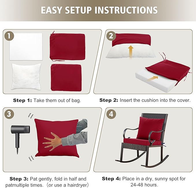 24x24 Inch Outdoor Cushions for Patio Furniture, Waterproof Outdoor Chair Cushions w/Fade-Resistant, Removable & Machine-Washable Covers, Deep Seat Sofa/Couch Pad Replacement – Set of 4, Burgundy
