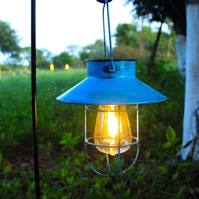 2 Pack Hanging Solar Lantern Lights with Shepherd Hook, Metal Waterproof Warm White Edison Bulb Lights for Garden Outdoor Pathway (Bule)