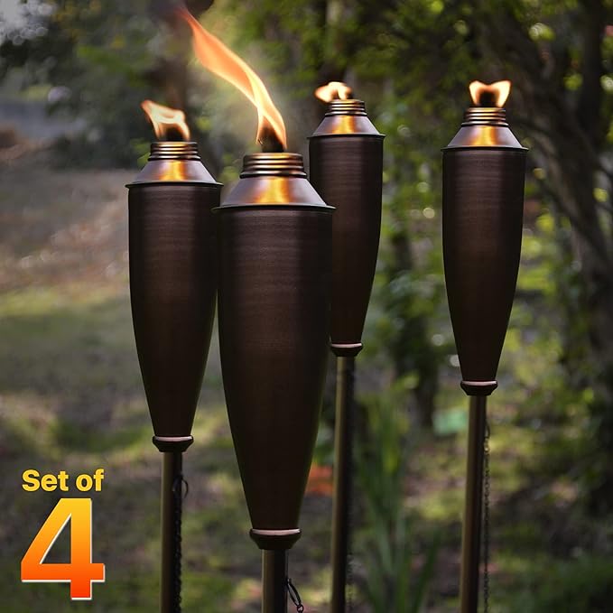 Garden Torches for Outside -Deco Home Pack of 4 Metal Garden Torches Citronella Oil for Outdoor Ambiance - Decorative and Functional Citronella Torches for Patio, Lawn, and Backyard- Bronze