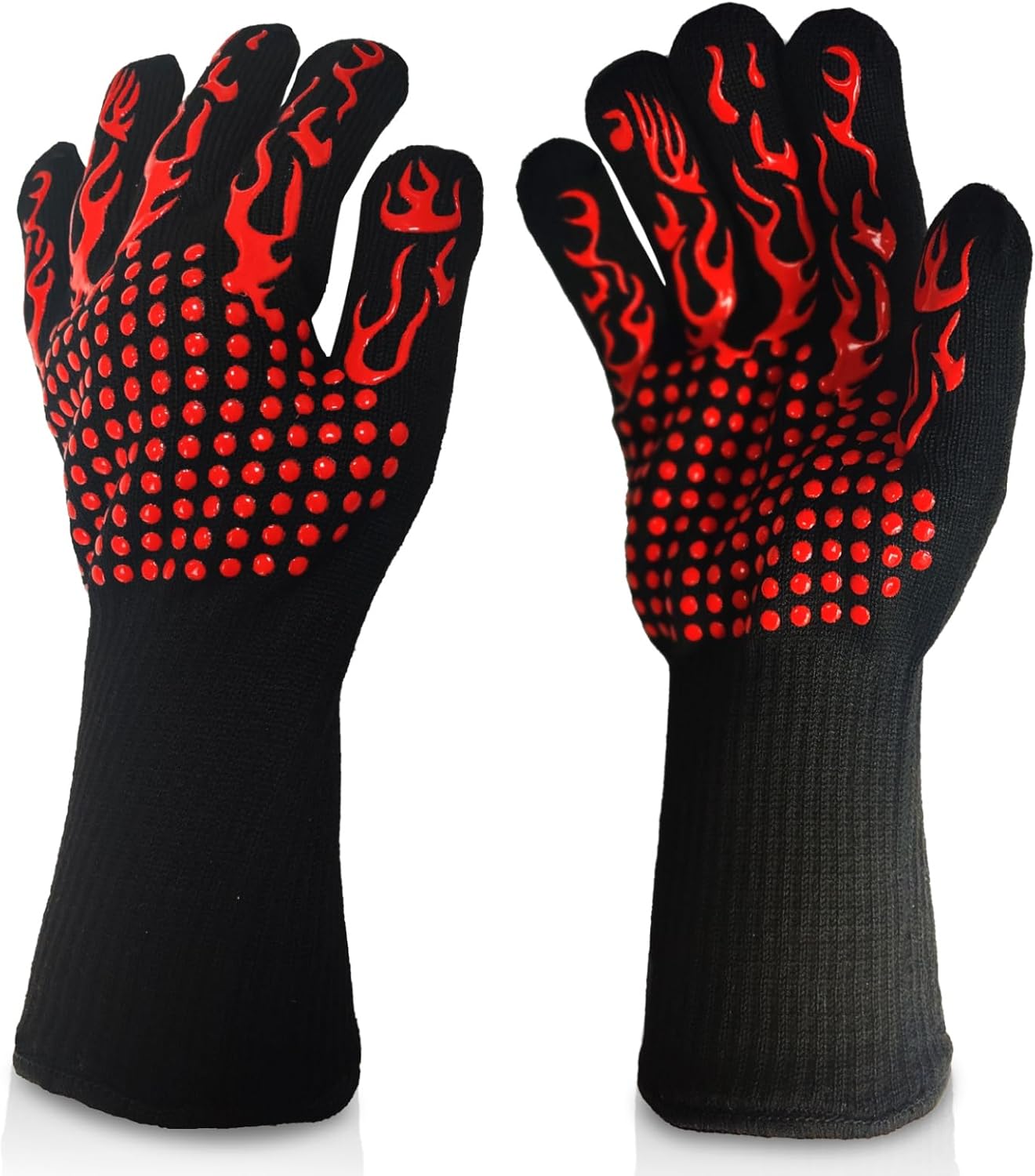 BBQ Gloves Fireproof, 1472°F/800°C F Heat Resistant Grill Cut-Resistant Mitts, Non-Slip Silicone Oven Gloves Long Kitchen Gloves for Barbecue Cooking Baking Cutting