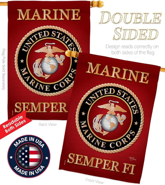 Breeze Decor Marine Corps Pack Armed Forces USMC Semper Fi United State American Military Veteran Retire Official Applique Banner Small Garden Yard Gift Double-Sided, House Flag 28" x 40", Made In USA
