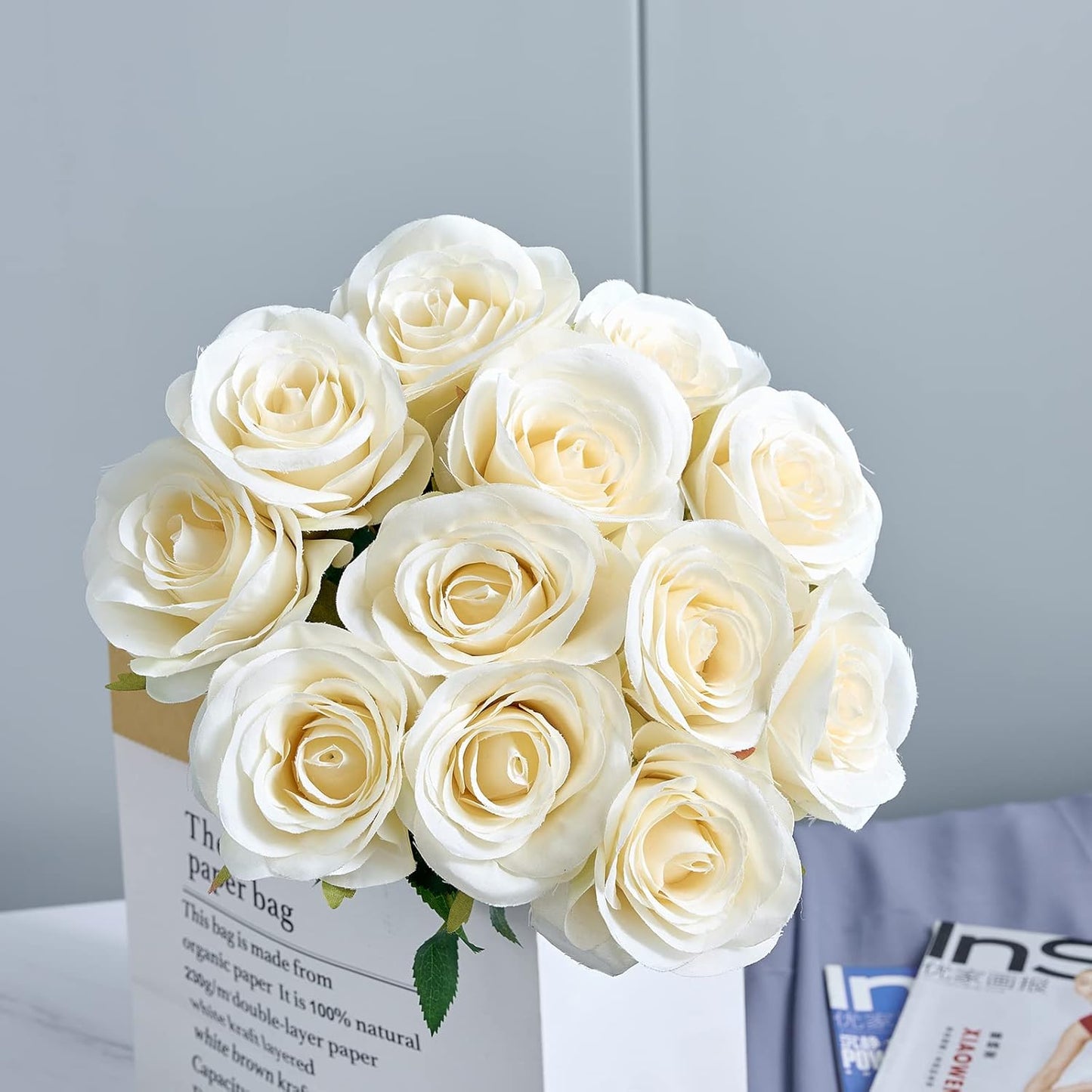 12pcs Ivory Roses Artificial Flowers Silk Flowers Fake Roses with Long Stems for Wedding Decor Home Decor Baby Shower Party Centerpieces Decorations