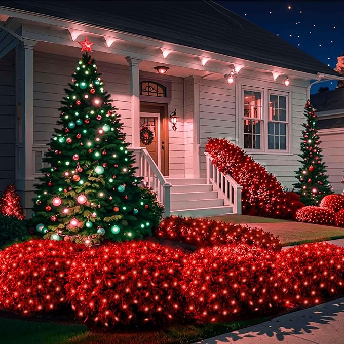 6Ftx4Ft LED Christmas Net Lights Green Wire,Connectable UL Certified Waterptoof Net Lights for Bushes Trees Shurb Garden Outdoor Christmas Decorations