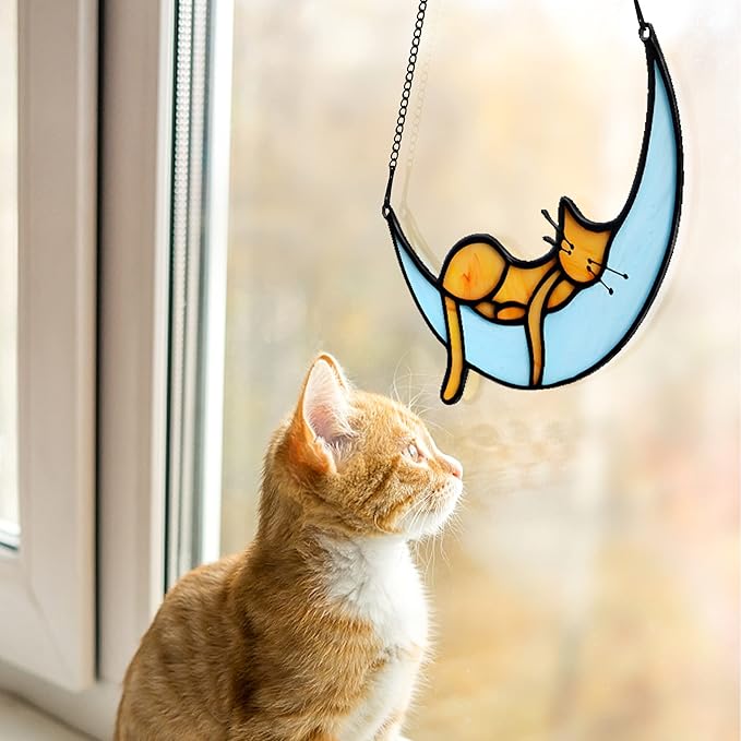 BOXCASA Sleeping Cat Stained Glass Windown Hanging,Orange Cat on Moon Beautiful Handcrafted Sun Catcher Gifts for Daughter,Mothers Day,Christmas and Cat Lover