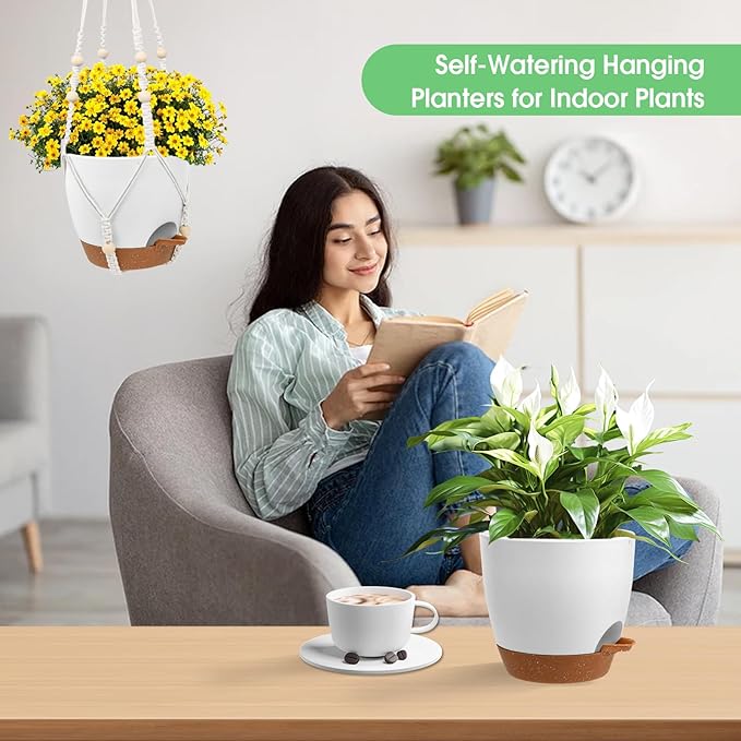 Hanging Planters for Indoor Outdoor Plants, 2 Pack Self Watering Hanging Pots, Hanging Plant Baskets with Drainage Holes & 2 Types of Plant Hangers (Green, 6'')