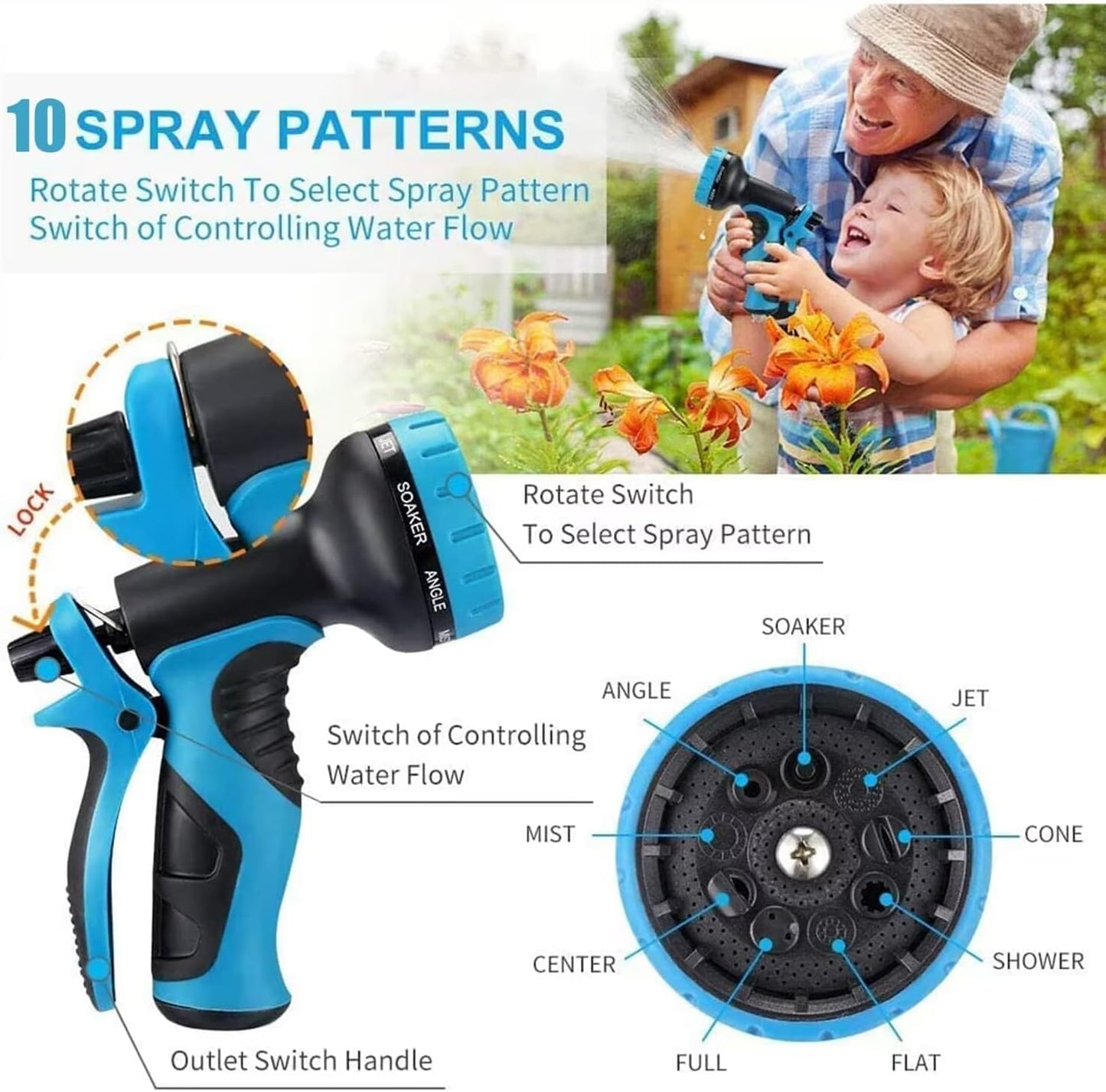 50 ft Garden Hose-No Kink,Heavy Duty,Lightweigh Flexible,Leakproof Water Hose with Sprayer Nozzle-3/4" Solid Brass Connectors-Rubber Car Hoses