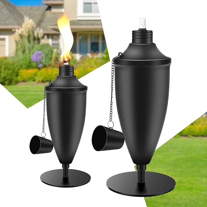 2 Pack Metal Tabletop Torches,22 oz Citronella Torches for Outside, Refillable Outdoor Flame Torch Light, Comes with Wicks and Covers, Ideal for Parties, Landscape, Garden Decor, DIY