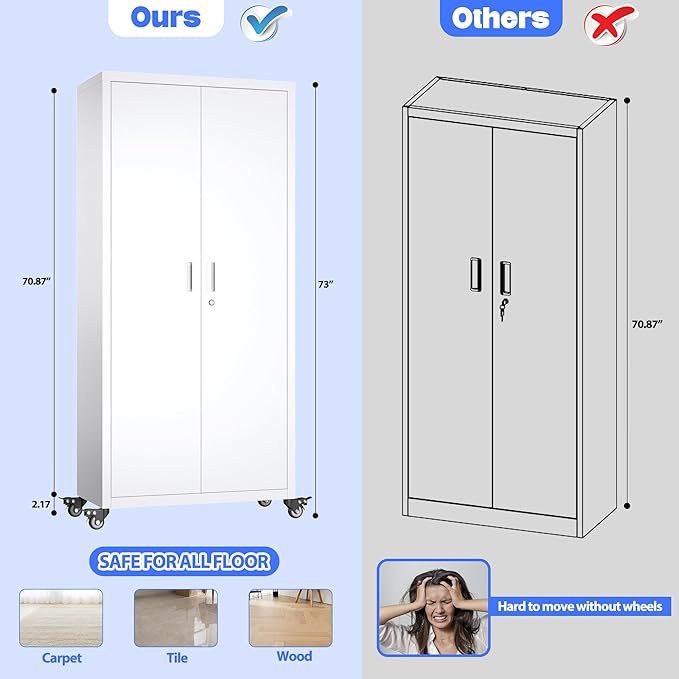 73" H Metal Garage Storage Cabinet with Wheels,Rolling Tool Storage Cabinet with 2 Doors and 4 Adjustable Shelves for Garage,Home,Office,Warehouse,Workshop, Required-Assembly,White