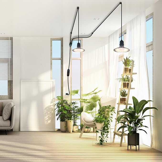 Grow Light Bulbs Indoor Plants Lights Adjustable Cord,Timer, Full Spectrum Plant Growing Lamp for Seedling,Greenhouse,Seedlings (2 Lights (14.7ft))