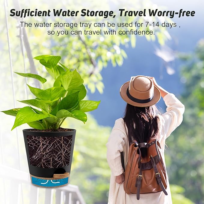 8-Inch Plant Pots, Self-Watering Planters with Drainage Holes & Saucers for Indoor and Outdoor Plants (2-Pack,Black)