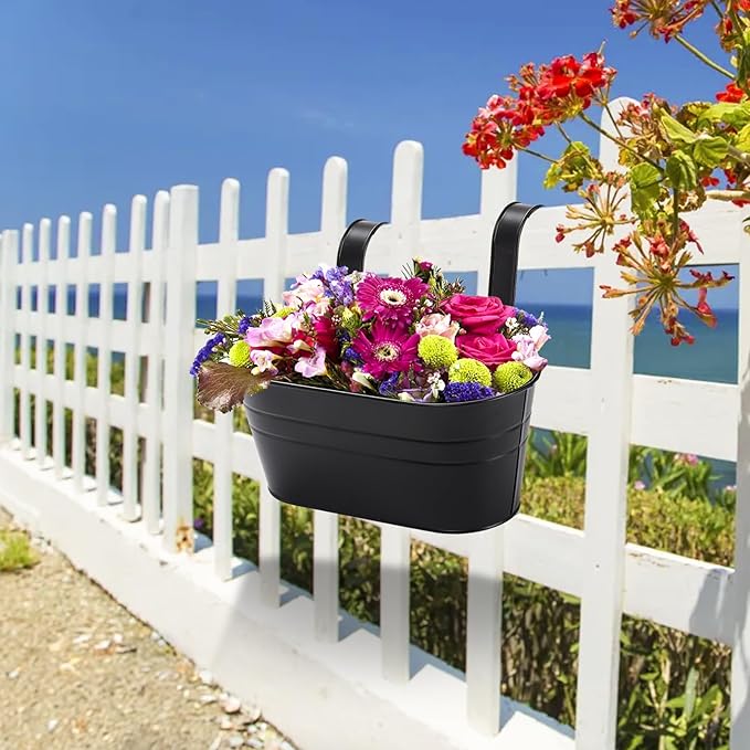 Foraineam 6 Pack Hanging Flower Pots, Metal Iron Hanging Planter Plant Pot Holders for Railing Fence Balcony, Black Hanging Bucket Pots Outdoor Porch Decors with Detachable Hooks and Drain Holes