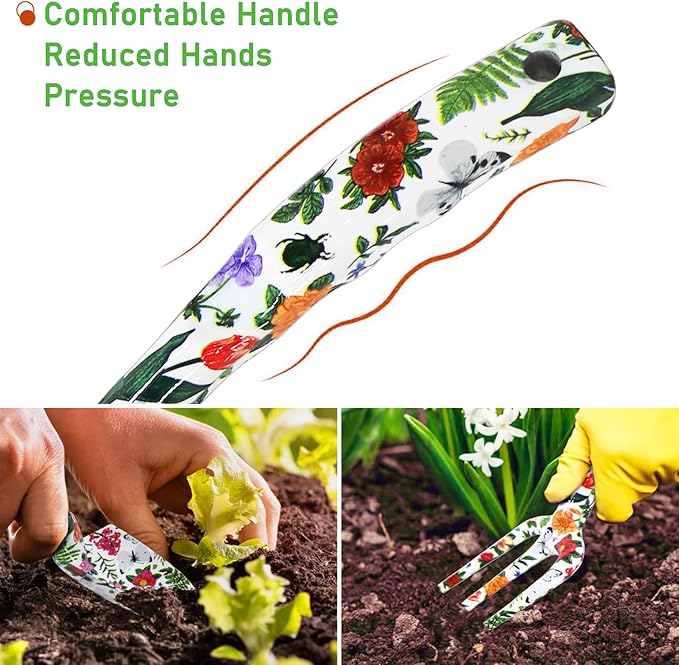 Garden Tool Set, 4 PCS Heavy Gardening Kit Heavy Duty Floral Hand Tools, Fancy Gifts for Women, Including Trowel, Sharp Pruner, Hand Rake, and Mat (White Set)