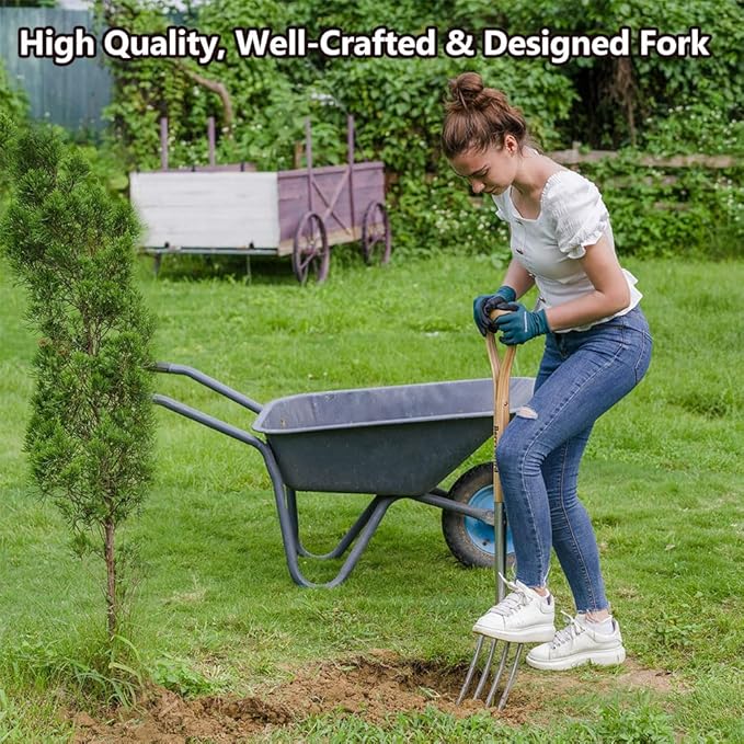 Berry&Bird Garden Digging Fork, 37.4" Stainless Steel Garden Spading Fork with D-Grip Handle, 4-Tine Heavy Duty Long Handled Pitchfork with Ash Wood Handle for Digging, Planting, Cultivating, Aerating