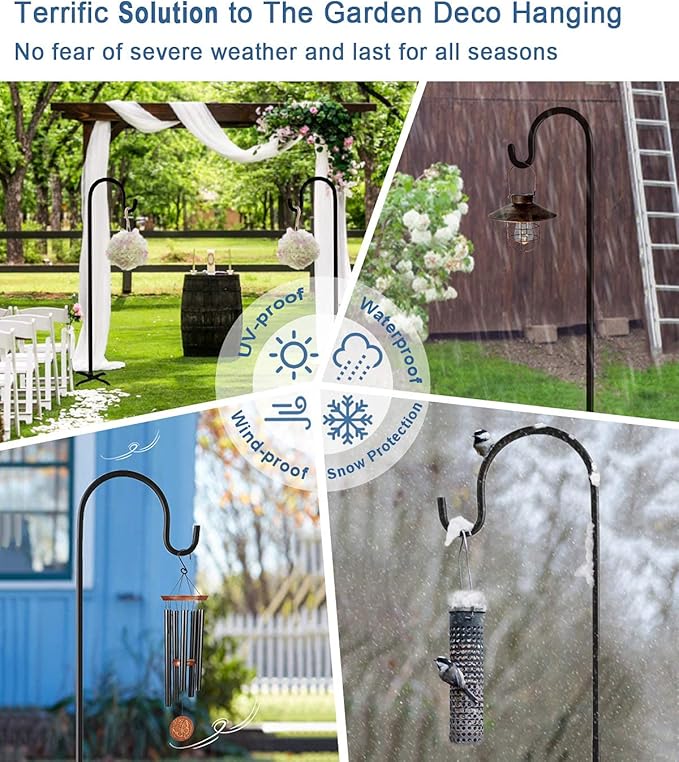 60 inch Outdoor Shepherd Hook with 5 Prong Base (2 Packs), Adjustable Heavy Duty Garden Hanging Stake for Bird Feeder Solar Light Plant Hanger Wedding Decor, Matte Black