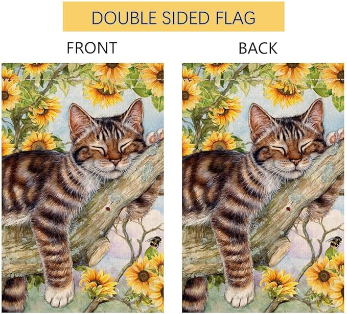 BLKWHT Summer Cat Garden Flag 12x18 Inches Double Sided for Outside, Sunflower Burlap Small Seasonal Yard Flag for Outdoor Decor BW640