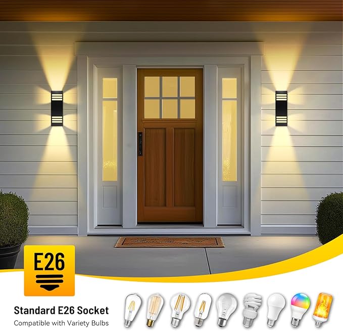 2 Pack Outdoor Wall Lights, Up/Down Modern Wall Sconce Exterior Lighting Fixture Square Wall Lamp Aluminum IP65 Waterproof Wall Mount Porch Lights ETL Listed E26 Bulbs Included 2700K