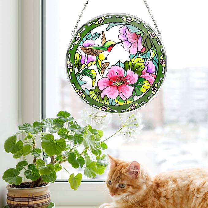 Godferyxin Stained Glass Suncatcher Handmade Glass Hummingbird Suncatcher 8" Stained Glass Hanging Decoration for Window or Wall for Mom,Grandma,Teacher,Friend
