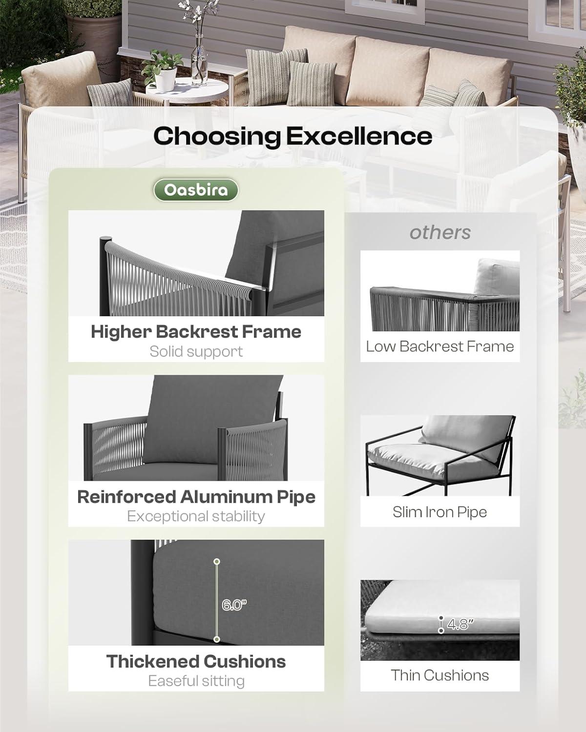 Aluminum Outdoor Patio Couch, 3 Seats HDPE Rope Patio Sofa with Washable Thick Cushion, All-Weather Patio Furniture for Balcony, Yard, Gray Frame, Charcoal