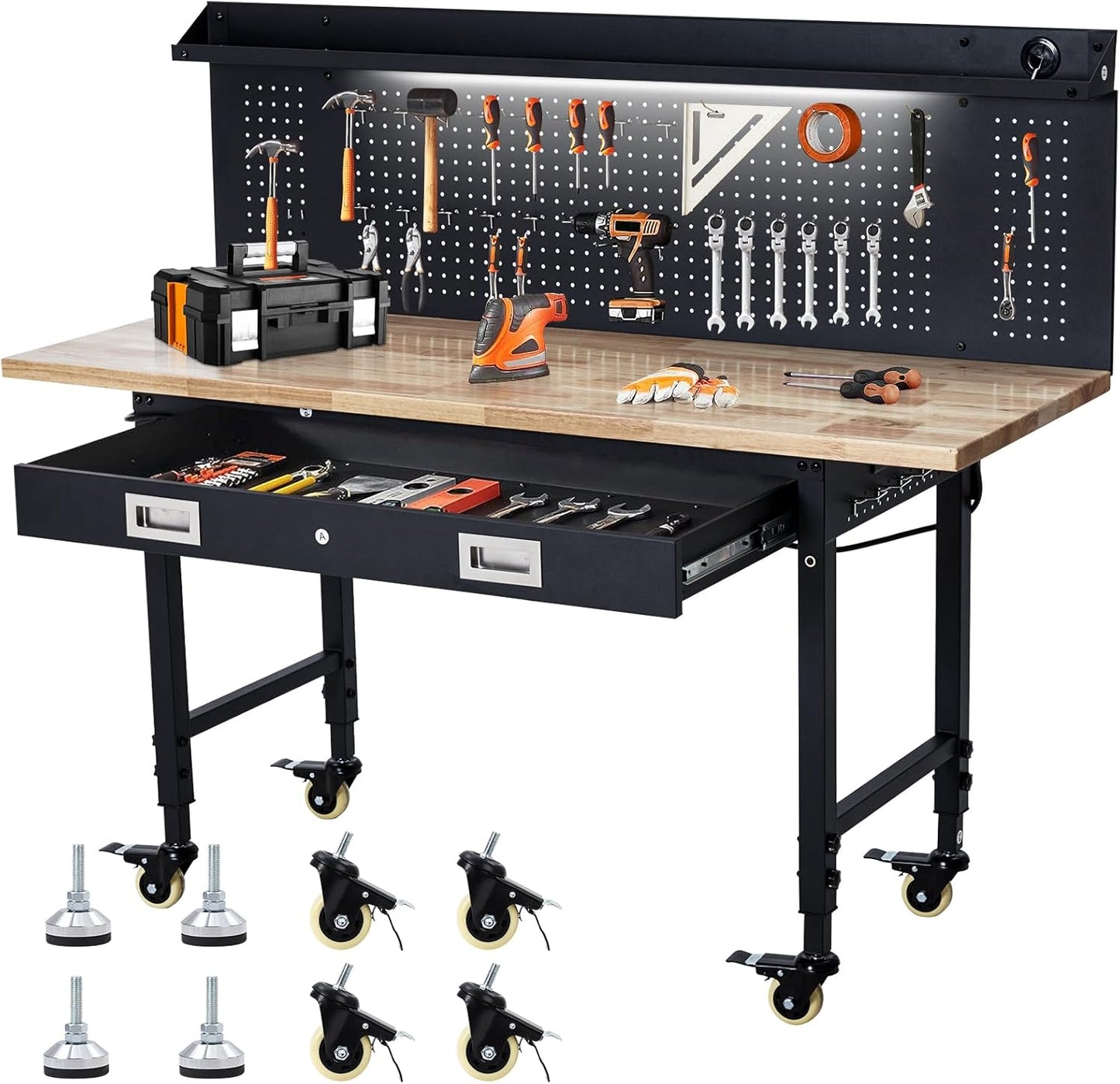 60" Adjustable Workbench with Drawer Storage, Rubber Wood Top Work Table for Garage, Heavy Duty Worktable with Removable Pegboard, Power Outlet, Hooks, Tool Storage Bench for Warehouse Workshop