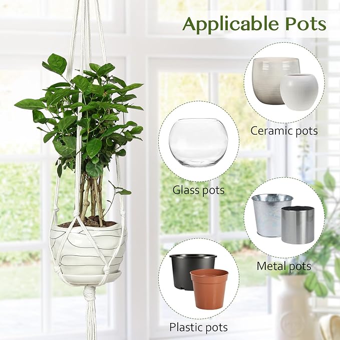 6 Pack Macrame Plant Hanger Indoor Hanging Planters for Indoor Outdoor Plants with 6 S Hooks and 6 Hook Nails, Hanging Plant Holder 43" Boho Home Decor,Ivory