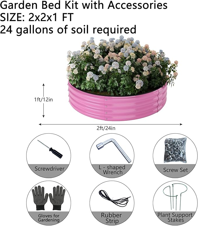 Galvanized Metal Planter Round Raised Garden Bed Kit for Gardening Outdoor，2x2x1ft Grow Garden Box Raised Flower Bed，Round Galvanized Planter Outdoor Metal Fire Pit Ring
