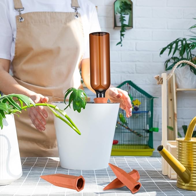 Baderke 16 Pcs 8 Set Plant Watering Devices, Terracotta Watering Spikes with 25 oz Plastic Wine Bottles, Slow Release Vacation Insert Automatic Plant Waterer Device for Indoor Outdoor