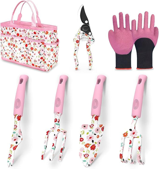 Gardening Gifts for Women, MQJIAZHI Gardening Tools for Women, Garden Tool Set, Floral Gardening Hand Tools with Garden Tools Bag, Heavy Duty Gardening Kit Women Gifts for Mom, Girlfriend (Pink)