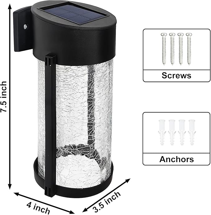 2PK Solar Outdoor Wall Lights with Crackle Glass Shade, Porch Fence Exterior Light Fixture Solar Powered Wall Scones