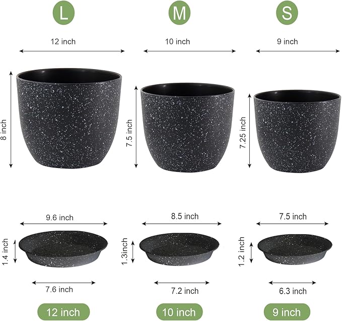 12/10/9 Large Modern Plant Pots, Plastic Planters with Drainage Holes and Saucers for Indoor Outdoor Plants Flowers, Black Speckles