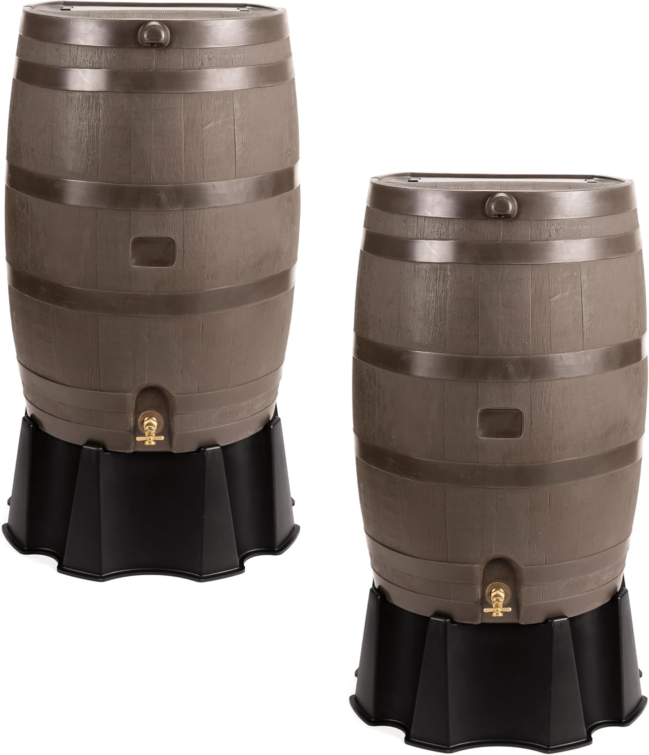 50-Gallon Rain Barrel, Flat Back Rain Water Collection Barrel, Stand and Link Kit Included, Walnut Color (2 Pack)