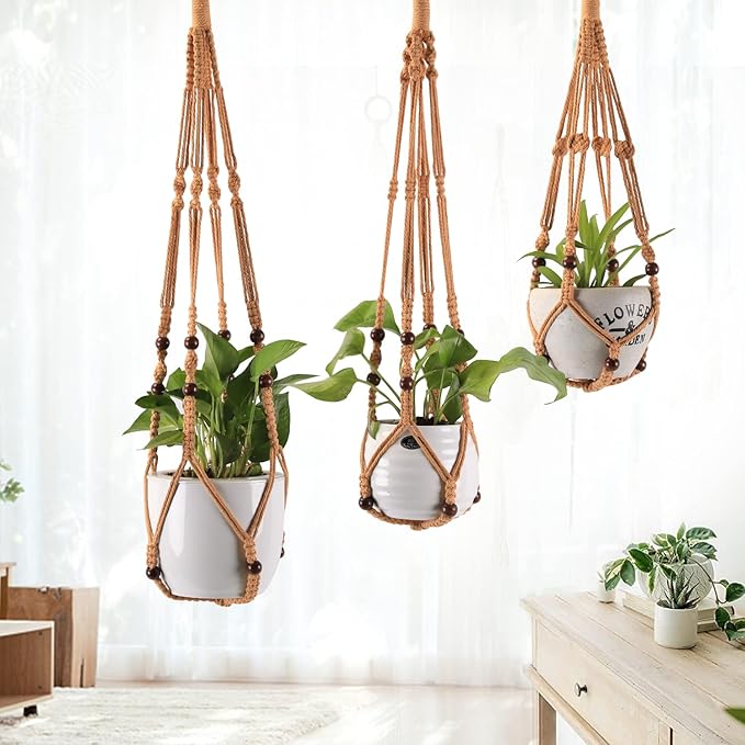3-Pack Macrame Plant Hanger Indoor - Hanging Planter Basket for Indoor Outdoor - Decorative Boho Plant Holders Set with Beads - Ceiling Flower Pot Holder with 6 Hooks - 35"/30"/24" Brown