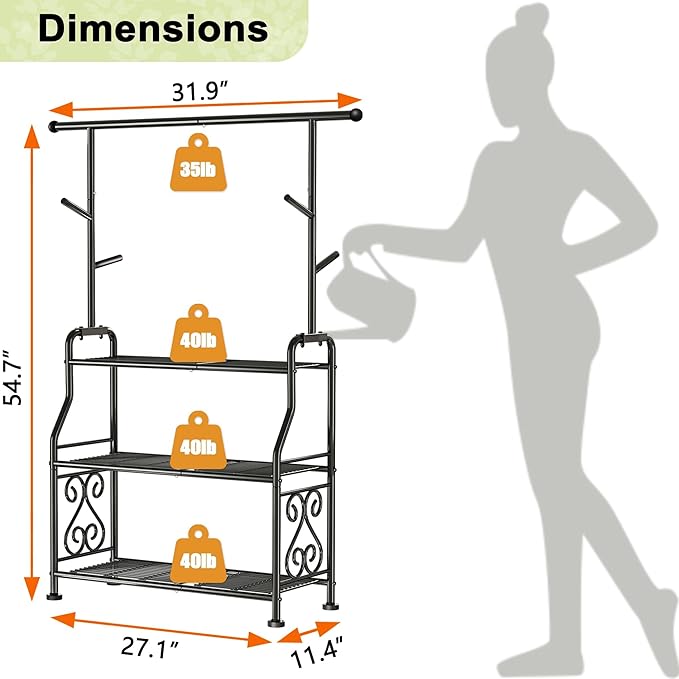 GIOTORENT Plant Stand Indoor Outdoor, 3-Tier Heavy Duty Metal Shelves, Display up to 14 Multiple Plants, Tall Plant Holder with Plant Hanger, Suit for Patio Living Room Garden Balcony, 5 Hooks, Black