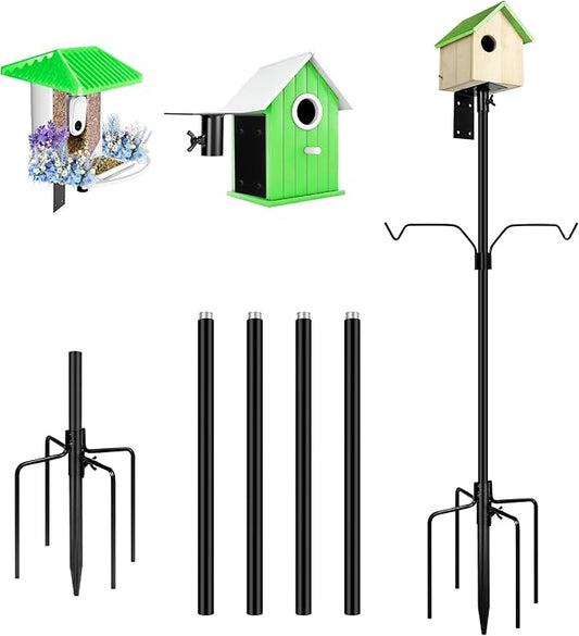 Bird Feeder Pole, 79 Inch Heavy Duty Bird House Pole Mount Kit for Outdoors, Adjustable Metal Bird Feeding Stand, with 2-Hooks, 5-Prong Base for Hanging Feeders, Black