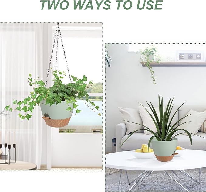 Hanging Planters for Indoor Outdoor Plants, 2 Pack Self Watering Hanging Pot with Drainage Holes & Removable Tray (Green, 8'')