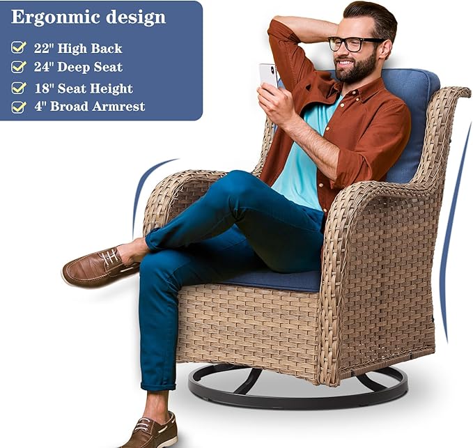 4 Pieces Patio Furniture Sets, Wicker Patio Swivel Glider Chair with Ottomans, Outdoor Furniture Set for Outside Porch, Deck, Balcony, Garden, Yellow